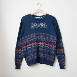 Vintage Navy Sweet Blue Bird Embroidered Sweater Size M/L Heart Floral